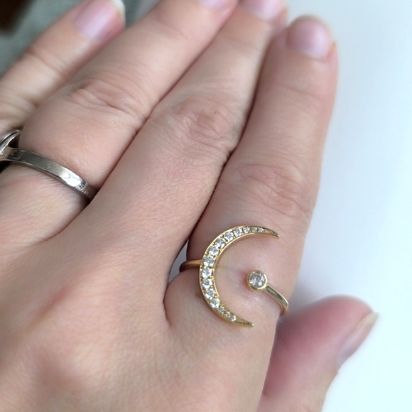 Half Moon Crescent Diamond White Sapphire 14K Yellow Gold Ring Ring - Picture 12 of 17